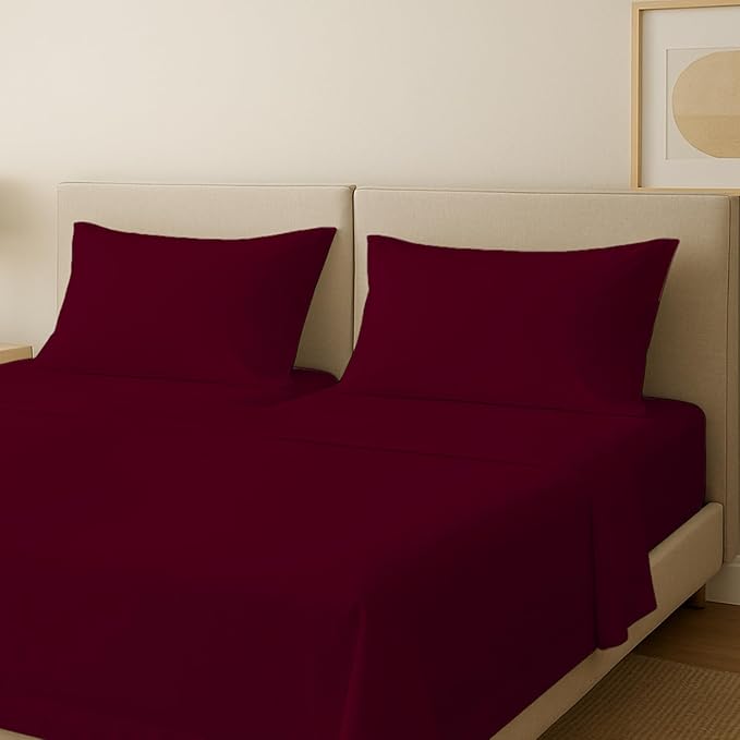 Carressa Linen 100% Egyptian Cotton Split King Sheets Sets for Adjustable Bed - 600 Series Hydrangeas Collection 5 PC Burgundy Top Split King Sheets, 16" Deep Pocket Sheet for Adjustable Bed