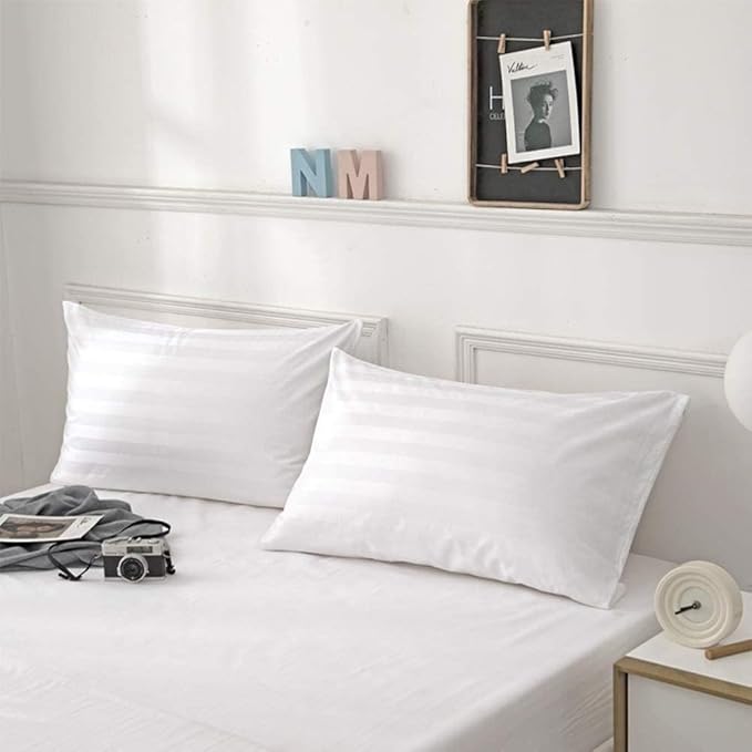 Pillow Protector Queen Size 100% Egyptian Cotton Pillow Covers, 400 Thread Count Sateen Weave Cooling Pillow Cases with Zipper Hidden, Breathable Non Noisy Easy Care, Set of 2 (Striped White)