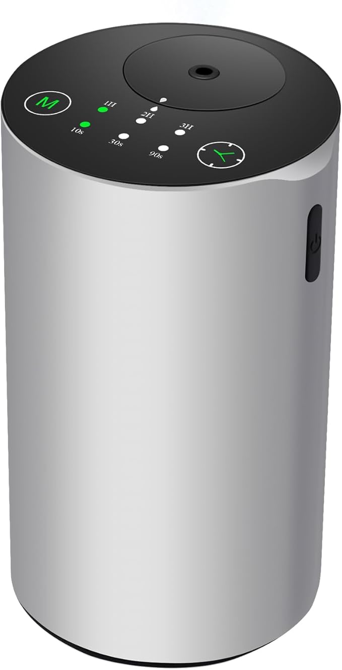 Waterless Essential Oil Diffuser, 7 Colors LED Light, Battery Powered Mini Scent Air Machine, Aromatherapy Mist Diffuser for Home Room Car Office，Black Aluminum Alloy (Silver)