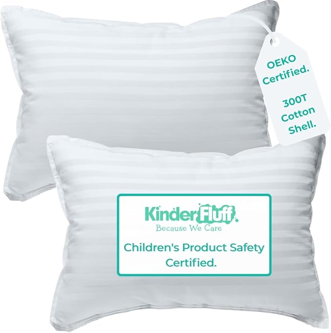 Toddler Pillow 2x–Certified Hypoallergenic Award Winning Baby Pillow (no pillowcase needed) 300TC pure Cotton Shell and Down Alternative fill. Toddler Bedding by Kinder Fluff- Kids pillow 4+ year old