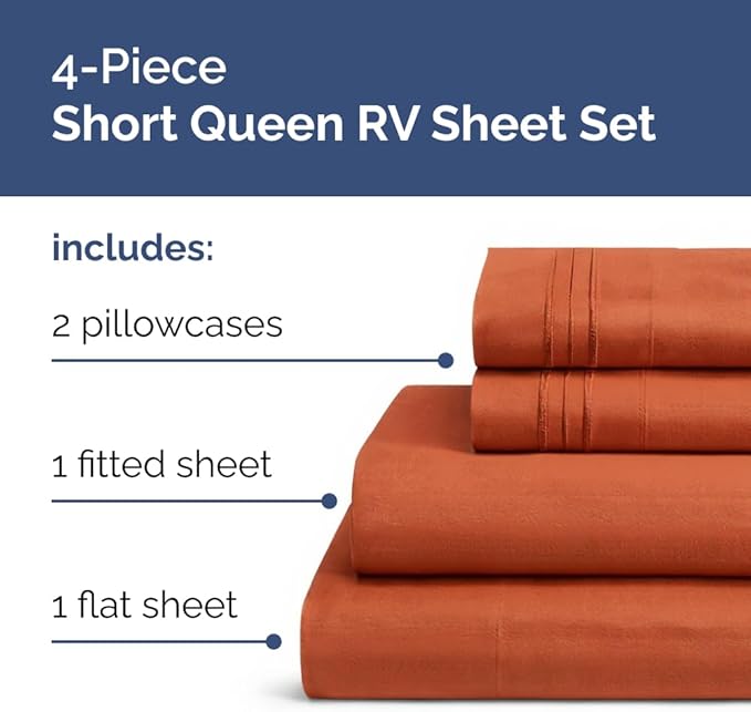 Short Queen Size 4 Piece Sheet Set - RV Short Queen, Ultra-Soft, Breathable & Cooling Bed Sheets Set w/ Deep Pockets - Hotel Luxury Bedding for Women & Men - Wrinkle Free & Fade Resistant - Terracotta
