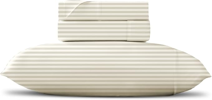 TEXAS LINEN CO. 100% Egyptian Cotton Sheets - Texan Talkin' Damask 600 Series 3 PC Twin XL Sheet Set (Beige Stripe), Soft, Cooling, Sateen Weave, Extra Long Staple Luxury Bedding, 16" Deep Pocket
