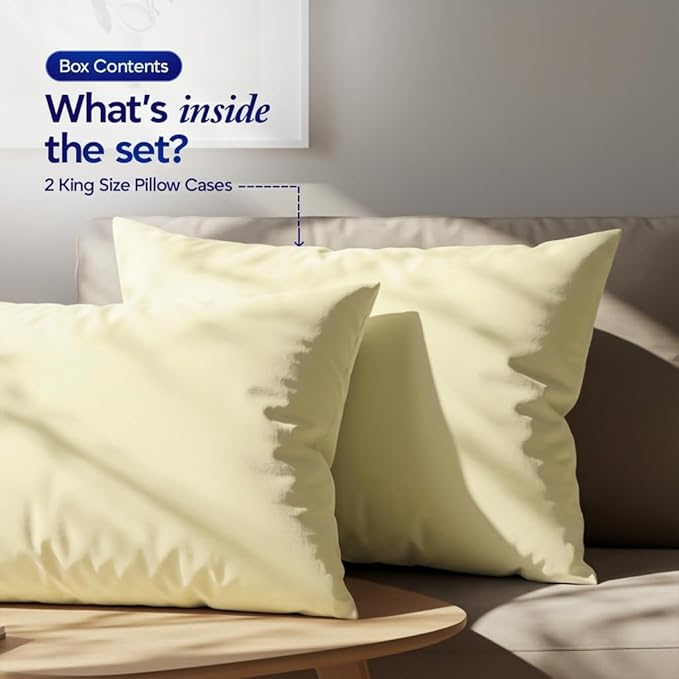 1000 TC Pillowcases Set of 2 100% Egyptian Cotton Pillow Cases with Long Staple Cotton & Sateen Weave, Silky Soft Hotel Like Bed Pillow Covers, Snug Fit (Ivory, 2 Pc King)