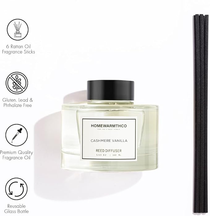Cashmere Vanilla Reed Diffuser Set - Luxury Fragrance Reed Diffusers for Home. Office, Bathroom, Kitchen and Home Decor - Long-Lasting Scent with Non-Toxic Oils (5.63 oz, 160ml)