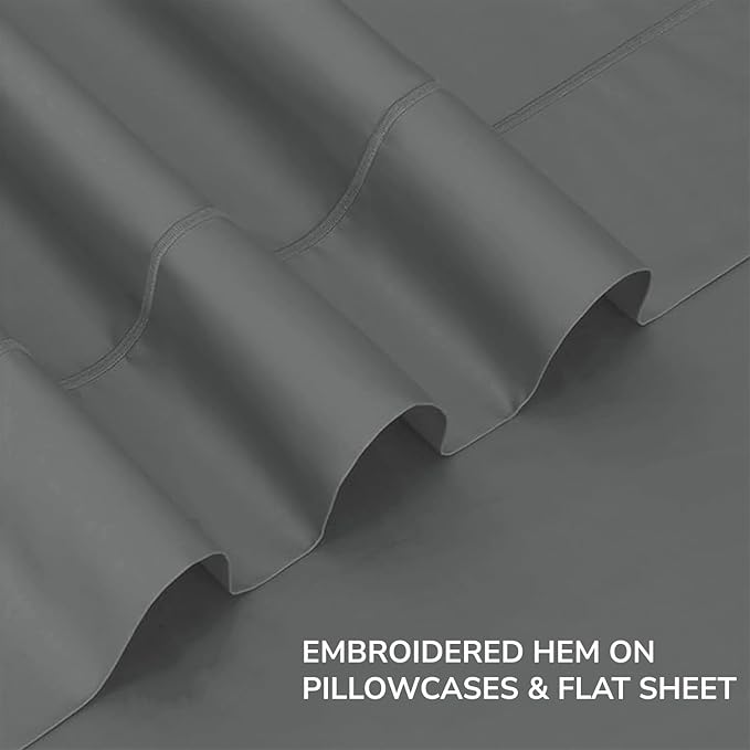 Feather & Stitch 500 TC Queen Size 4pc Damask Bed Sheet Set, 100% Soft Cotton Breathable Bedsheets, 18" Deep Pockets Sateen Weave Solid Bedding Mattress Resort Hotel Luxury Decor - (Ash Grey)