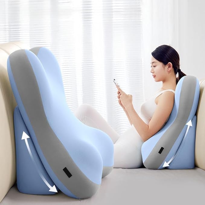 Ergonomic Pillow for Back Pain Relief Adult 3 Zone Support Cushion with Memory Foam core, Removable Washable Bedspread, Reading Pillow, Office Chair for Sciatica and Coccyx Comfort (Blue)