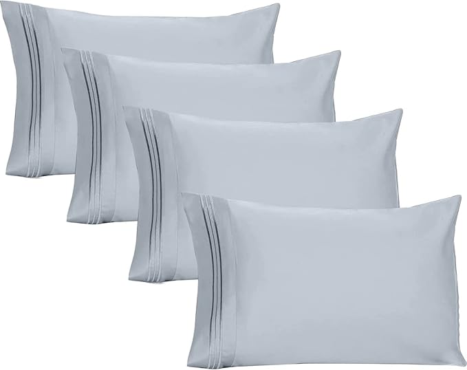 YIYEA California King Pillow Cases Set of 4, Ultra Soft 1800TC Hotel Quality Double Brushed Microfiber Embroidered Pillowcases, Envelope Closure, Fade Resistant (20"x40", Blue)