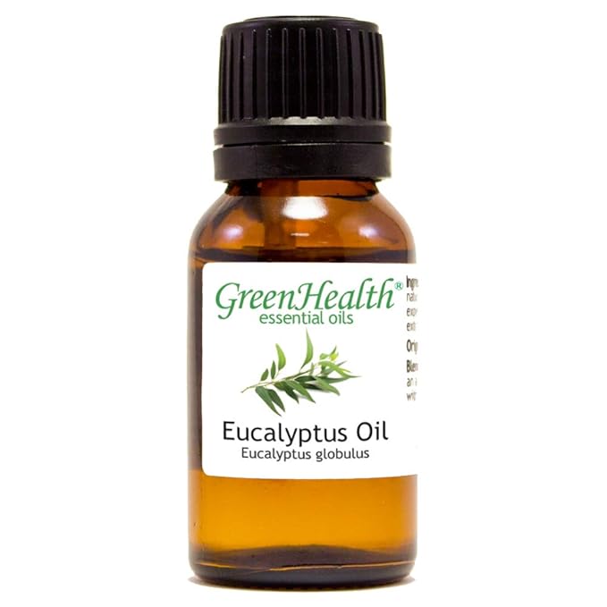 GreenHealth Eucalyptus Essential Oil – 15 ml (0.5 fl oz) – 100% Pure & Natural – Therapeutic Grade Aromatherapy Oil – Amber Glass Bottle with Euro Dropper – for Diffuser, Cleaning, Home Use