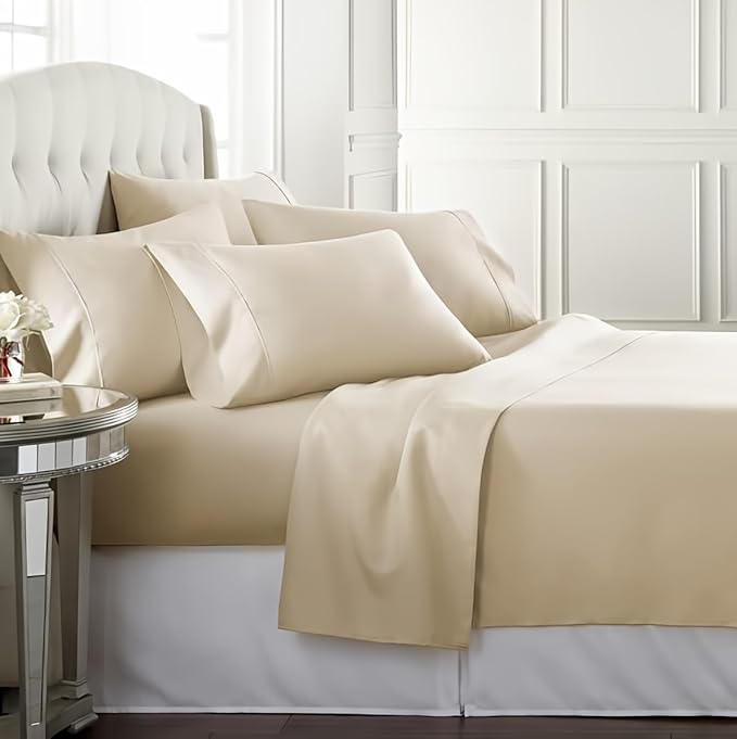 Danjor Linens Bed Sheet Set Queen Size for Hot Sleepers, Hotel Premium Sheets with 4 Pillowcases, Lightweight Brushed Microfiber Deep Pockets, Breathable Cooling 6 Piece Bedding Sets, Cream