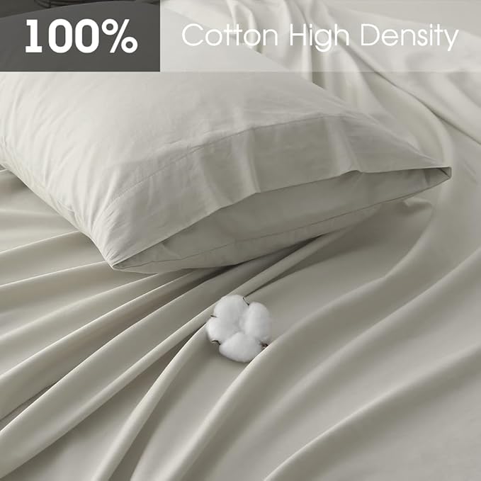 HYPREST 100% Cotton Percale Sheets Queen Size - 18-24 Extra Deep Pocket Bed Sheet Set Queen, Crisp & Breathable Cooling Bedding (Greige)