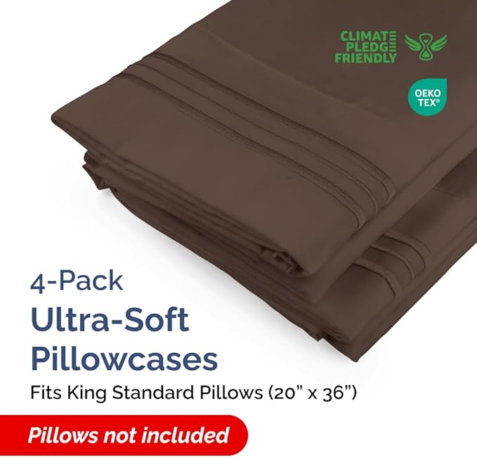King Standard Pillow Cases Set of 4 - Soft Hotel Quality Pillowcase Covers - Comfy Bedding for Women, Men, Kids & Teens - Machine Washable Pillow Protectors - 4 Piece Set - King Standard Size Brown