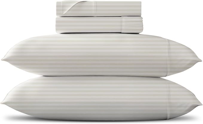 TEXAS LINEN CO. Luxury Egyptian Cotton 4 Piece Full Size Sheet Set - Texan Talkin' Damask 600 Series Deep Pocket Fitted and Flat Sheets, Cooling Extra Long Staple Sateen Hotel Bedding - Ivory Stripe