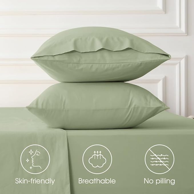 HYPREST 100% Cotton Percale Sheets Queen Size - 18-24 Extra Deep Pocket Bed Sheet Set Queen, Crisp & Breathable Cooling Bedding (Sage Green, Queen)