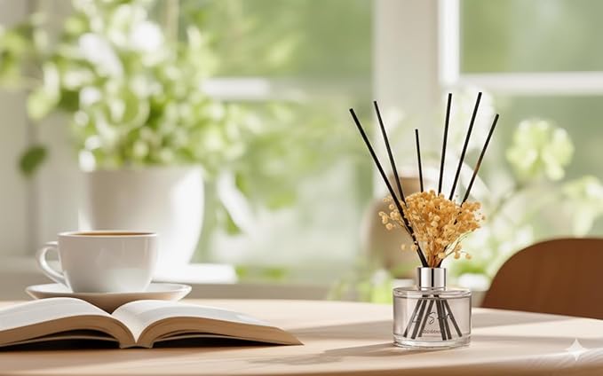 Reed Diffuser Set (6.7fl oz), Natural Gardenia Essential Oil Fragrance with Glass Bottle, Black Rattan Sticks & Preserved Flowers, Up to 120 Days Lasting Fragrance for Home & Office