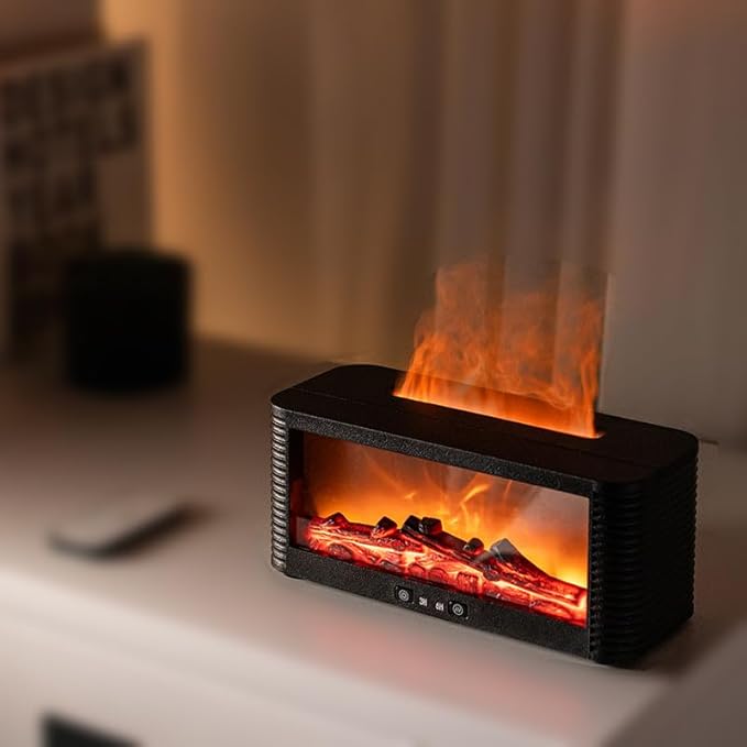 Flame Aroma Diffuser, 250ml Cool Mist Humidifier with Simulated Fireplace, 9 Color LED, 3H/6H Timer, Auto-Off, Black