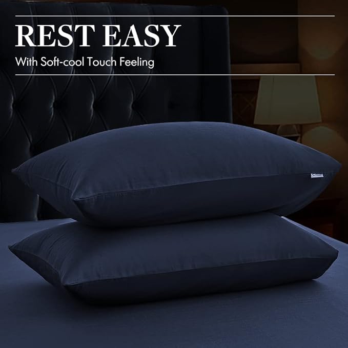 LUXEAR Pillow Cases, 2 Pack King Size Linen Pillowcases for Hair Skin, Silky Skin-Friendly, Machine Washable Pillow Covers - Navy Blue