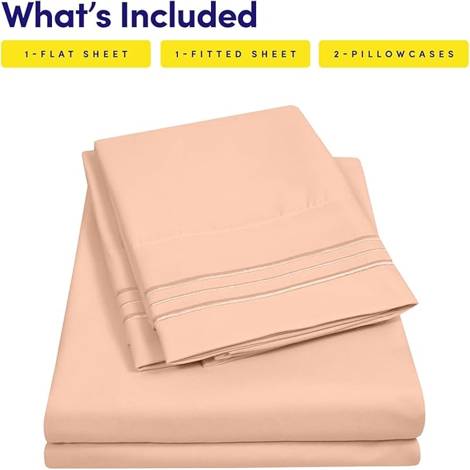 1500 Supreme Collection Twin Sheet Sets Peach - 3 Piece Bed Sheets and Pillowcase Set for Twin Mattress - Extra Soft, Elastic Corner Straps, Deep Pocket Sheets, Twin Peach