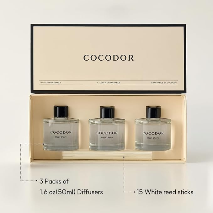 COCODOR Signature Collection Reed Diffuser Set of 3/White Jasmine,Garden Lavender,Black Cherry/1.6oz Each Pack/Home Fragrance Diffuser, Oil Scent Diffuser for Bathroom Shelf Decor