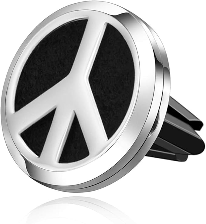 Wild Essentials Peace Sign Essential Oil Car Vent Diffuser Kit – 316L Stainless Steel Locket, Rubber-Coated 4-Way Clip, 8 Color Pads (22mm), 25mm – Includes Alert & Inner Calm (2 x 10ml)