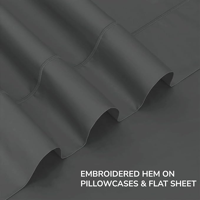 Feather & Stitch 500 TC Full Size 4pc Damask Bed Sheet Set, 100% Soft Cotton Breathable Bedsheets, 18" Deep Pockets Sateen Weave Solid Bedding Mattress Resort Hotel Luxury Decor - (Charcoal Slate)