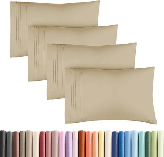 King Standard Pillow Cases Set of 4 - Soft Hotel Quality Pillowcase Covers - Comfy Bedding for Women, Men, Kids & Teens - Machine Washable Pillow Protectors - 4 Piece Set - King Standard Size Beige
