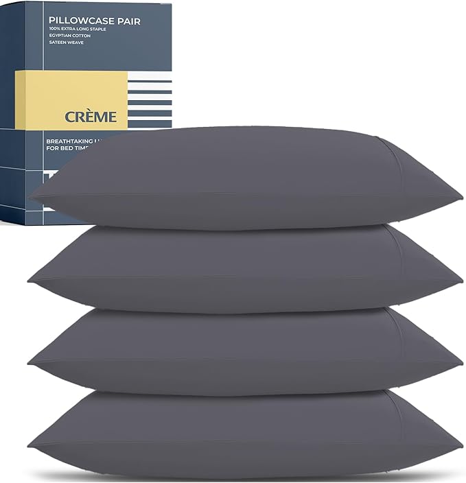 THREAD SPREAD 100% Egyptian Cotton Pillow Cases Queen Size Set of 4 - Luxury 1500 Series Queen Pillow Cases (Dark Grey), Soft Cooling Envelope Closure Hotel Quality Egyptian Cotton Pillowcases