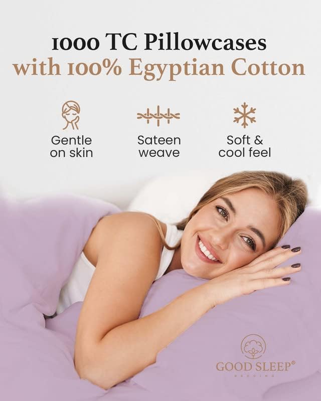 1000 TC Lavender Standard Pillowcases Set of 4 100% Egyptian Cotton Pillow Cases with Long Staple Cotton & Sateen Weave, Silky Soft Hotel - Like Bed Pillow Covers for Comfy Sleeping, Snug Fit