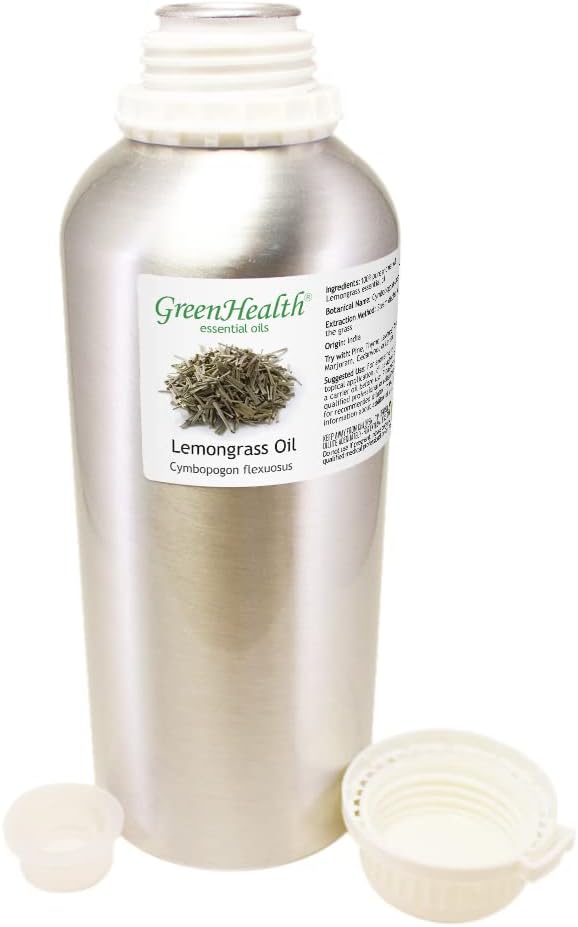 GreenHealth Lemongrass Essential Oil – 32 fl oz (946 ml) – 100% Pure & Uncut | Aluminum Bottle with Plug Cap for Cleaning, Candle Making, Air Care & DIY Use