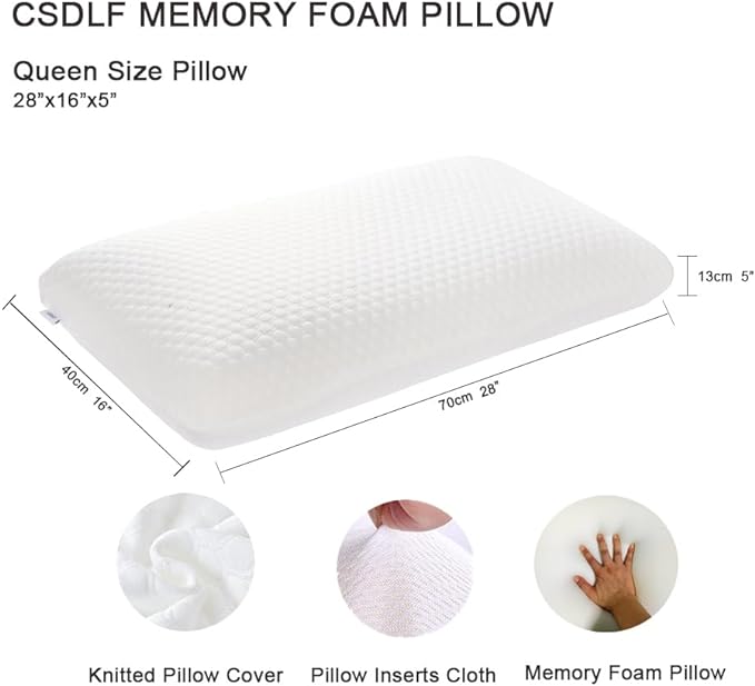 CSDLF Memory Foam Bed Pillows, Pillow for Side and Back Sleeper, Pillow for Neck Pain Relief, Washable Removable Cover, Soft, White (Queen)
