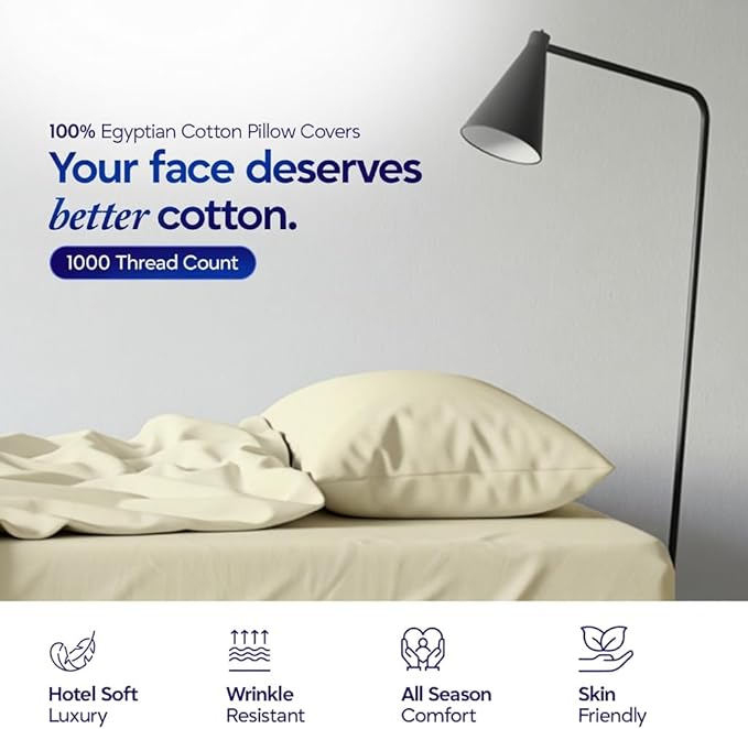 1000 TC Pillowcases Set of 2 100% Egyptian Cotton Pillow Cases with Long Staple Cotton & Sateen Weave, Silky Soft Hotel Like Bed Pillow Covers, Snug Fit (Ivory, 2 Pc King)