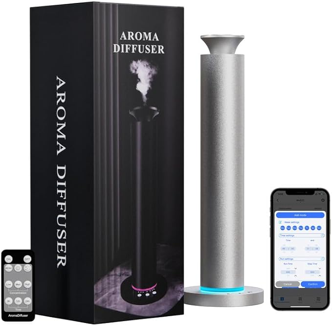 Waterless Scent Diffuser Machine with 4 Lights and Breathing Lights Modes Max Coverage 2500 sq.ft. Essential Oil Diffusers Fragrance Large Room Rechargeable App Remote Control Ancient Silver