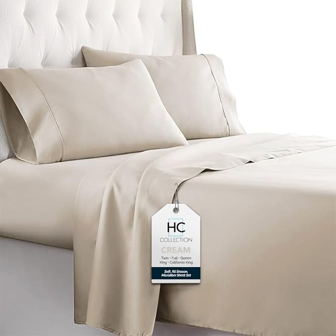 HC COLLECTION Twin Sheet Set w/ 1 Pillowcase, Hotel Luxury Platinum 1800 Series Brushed Microfiber Bed Sheets, Ultra Soft Lightweight Breathable Cooling 3 Pcs Bedding, All Season Easy Care, Cream