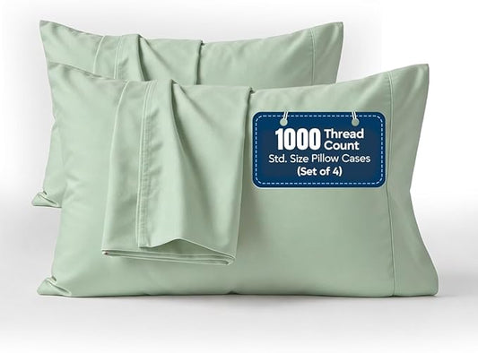 1000 TC Pillowcases Set of 4 100% Egyptian Cotton Pillow Cases with Long Staple Cotton & Sateen Weave, Silky Soft Hotel Like Bed Pillow Covers, Snug Fit (Sage, 4 Pc Standard/Queen Pillowcases)