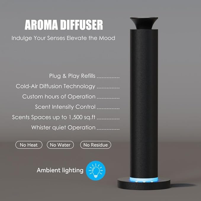 Waterless Scent Diffuser Machine with 4 Lights and Breathing Lights Modes Max Coverage 2500 sq.ft. Essential Oil Diffusers Fragrance Large Room Rechargeable App Remote Control Carbon Black