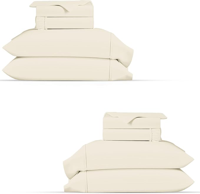 TEXAS LINEN CO. 100% Organic Cotton Percale Sheets Queen Size Pack or 2 - Soft & Crisp Organic Cotton Sheets Queen Size (8 PC, Ivory), 16" Deep Pocket Percale Weve Bed Sheet Set - GOTS Certified