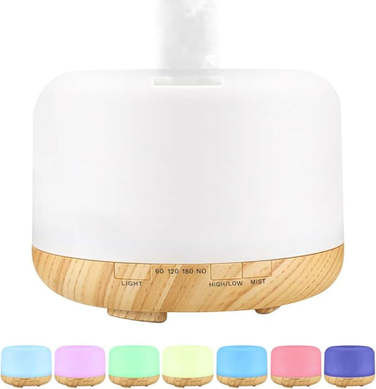 500ml Premium Essential Oil Diffuser,Quiet 4-in-1 Ultrasonic Aromatherapy Humidifier,7 Color LED Lights,with Adjustable Automatic Timer Off Function and Spray Mode. (Yellow Woodgrain,Mini Model)