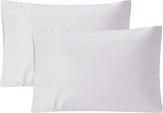 100% Cotton Pillow Cases Set of 2, Sateen Stripe Standard Size Pillowcase, Soft Breathable Pillow Covers, Hotel Quality Bedding, 20" x 30", White