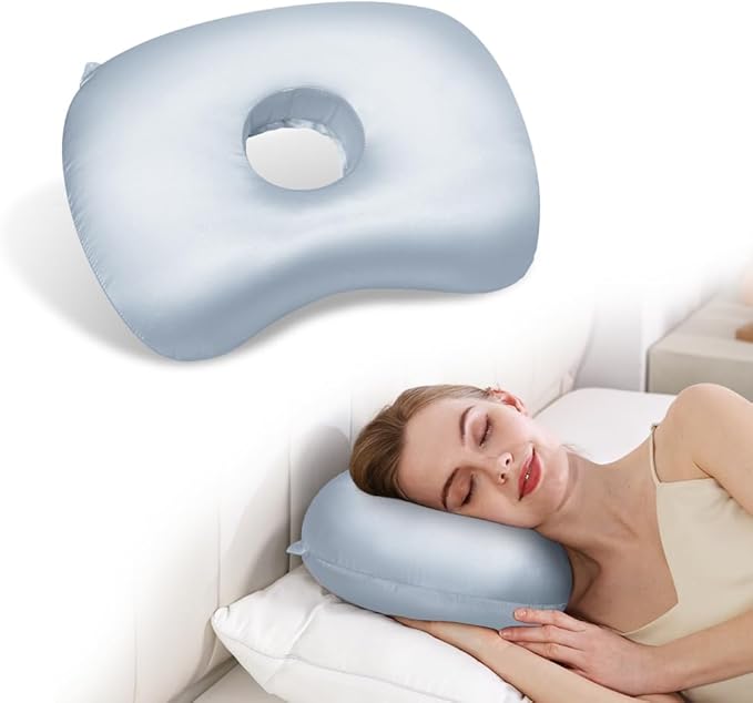Ear Piercing Hole Pillows Side Sleeper Pillow with an Ear Hole for CNH Side Sleepers and Ear Inflammation Pressure Sores, Adjustable Cotton and Polyester Curved Side Pillow, Light Blue Silk
