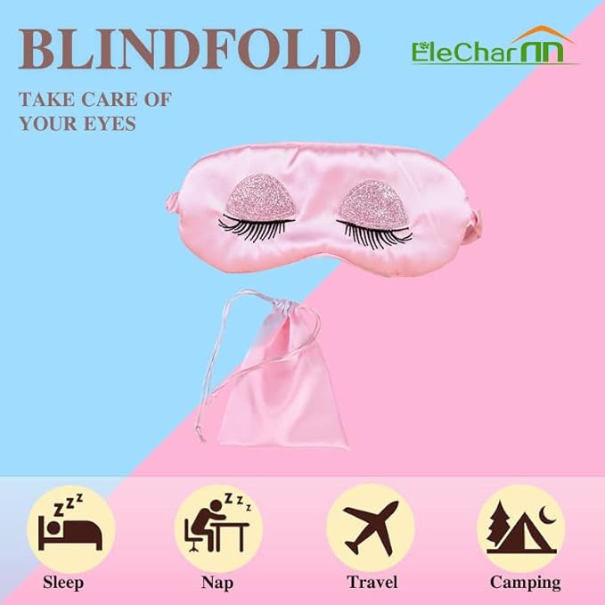 Sweet Girl's Satin Eye Mask Long Eyelash Embroidered Eye Cover Sleeping Eyeshade with Portable Pouch