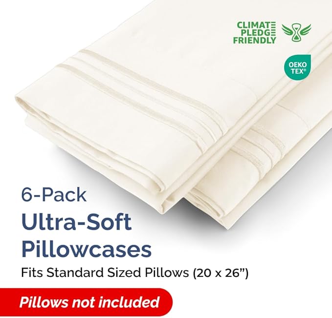 Standard Pillow Cases Set of 6 - Ultra Soft Hotel Quality Pillowcase Covers - Comfy, Cozy & Wrinkle Free - Shrink, Stain & Fade Resistant - Machine Washable Pillow Protectors - 6 Piece Set - Off White