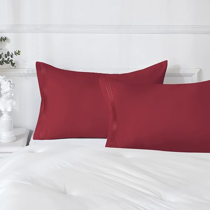 YIYEA California King Pillow Cases Set of 4, Ultra Soft 1800TC Hotel Quality Double Brushed Microfiber Embroidered Pillowcases, Envelope Closure, Fade Resistant (20"x40", Burgundy)