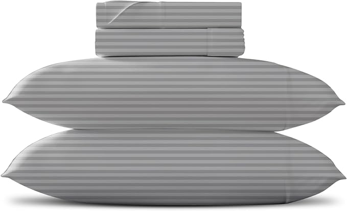 TEXAS LINEN CO. Luxury Egyptian Cotton Queen Size Sheet Set - Texan Talkin' Damask 600 Series 4 PC Deep Pocket Fitted and Flat Sheets, Cooling Extra Long Staple Sateen Hotel Bedding - Silver Stripe