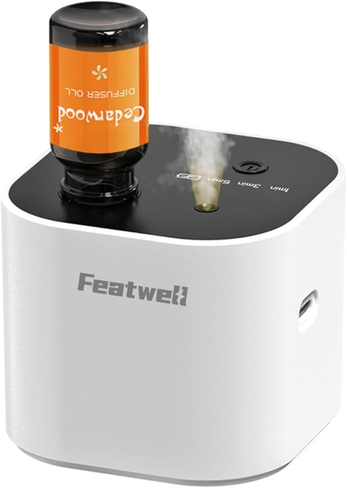 Featwell Waterless Diffuser with 3 Spray Modes, 200 Sq Ft Coverage Portable Essential Oil Diffuser, Aroma Diffusers for Home, Bedroom, Office (White)