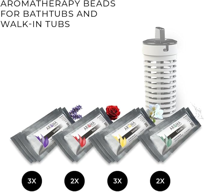 Box of 10 Aromatherapy Bead enveloppes / 1 Basket for bathtubs and Walk-in tubs (3 Each of Jasmine & Lavender, 2 Each of Rose and Cascada)