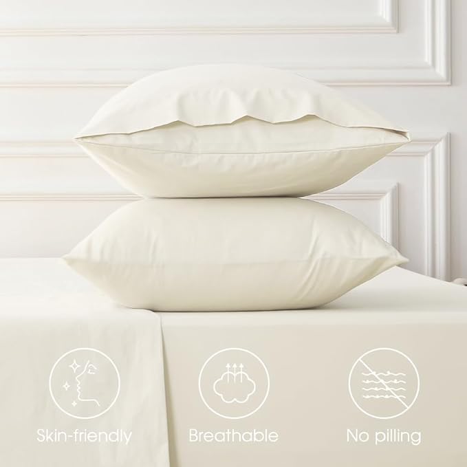 HYPREST 100% Cotton Percale Sheets Queen Size - 18-24 Extra Deep Pocket Bed Sheet Set Queen, Crisp & Breathable Cooling Bedding (Ivory)