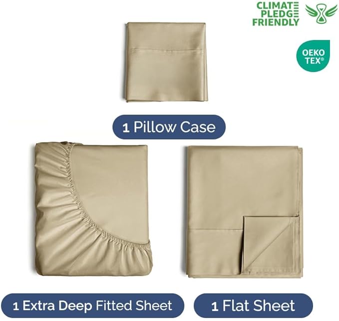 Extra Deep Twin Sheet Set - 3 Piece Breathable & Cooling Bed Sheets - Easily Fits 18 to 24 inch Mattress - Ultra Soft, Wrinkle & Fade Free w/ Extra Deep Pockets - Comfy Hotel Luxury Bedding - Beige