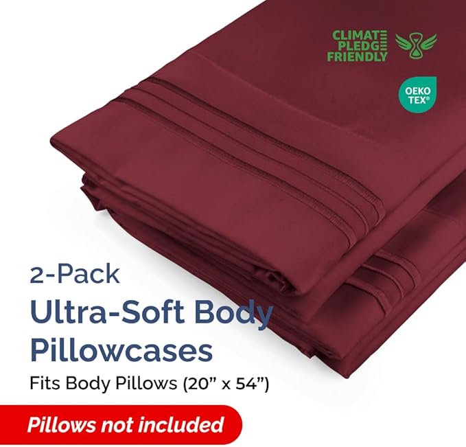 Body Pillowcases Set of 2-20x54 Long Body Pillow Case - Soft Body Pillow Cover for Sleeping & Side Sleepers - Comfy, Wrinkle & Fade Free - Machine Washable w/Envelope Enclosure Burgundy
