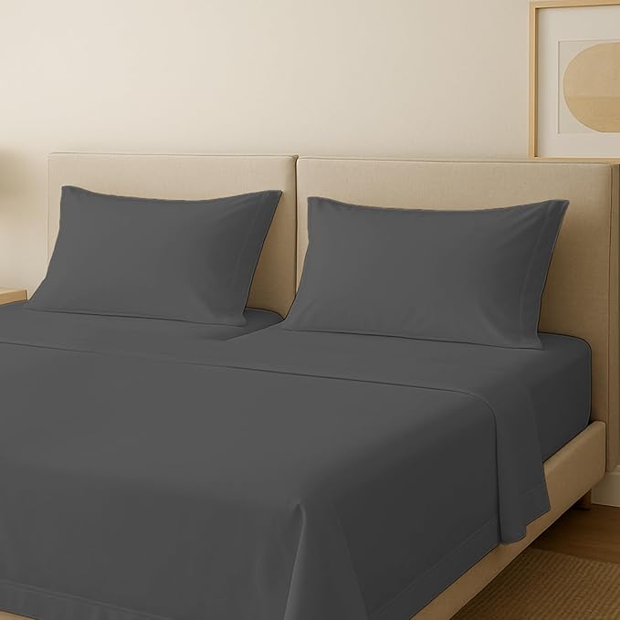 Carressa Linen 100% Egyptian Cotton Split King Sheets Sets for Adjustable Bed - 600 Series Hydrangeas Collection 5 PC Dark Grey Top Split King Sheets, 16" Deep Pocket Sheet for Adjustable Bed