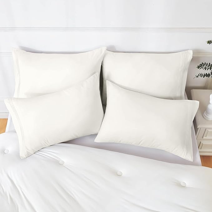YIYEA Pillow Cases Queen Size Set of 4, Ultra Soft 1800TC Hotel Quality Double Brushed Microfiber Embroidered Pillowcases, Envelope Closure, Fade Resistant (20"x30", Ivory)