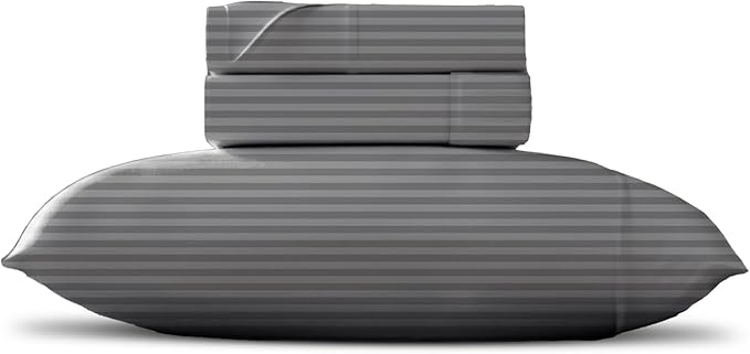 TEXAS LINEN CO. 100% Egyptian Cotton Sheets - Texan Talkin' Damask 600 Series 3 PC Twin XL Sheet Set (Dark Grey Stripe), Soft, Cooling, Sateen Weave, Extra Long Staple Luxury Bedding, 16" Deep Pocket